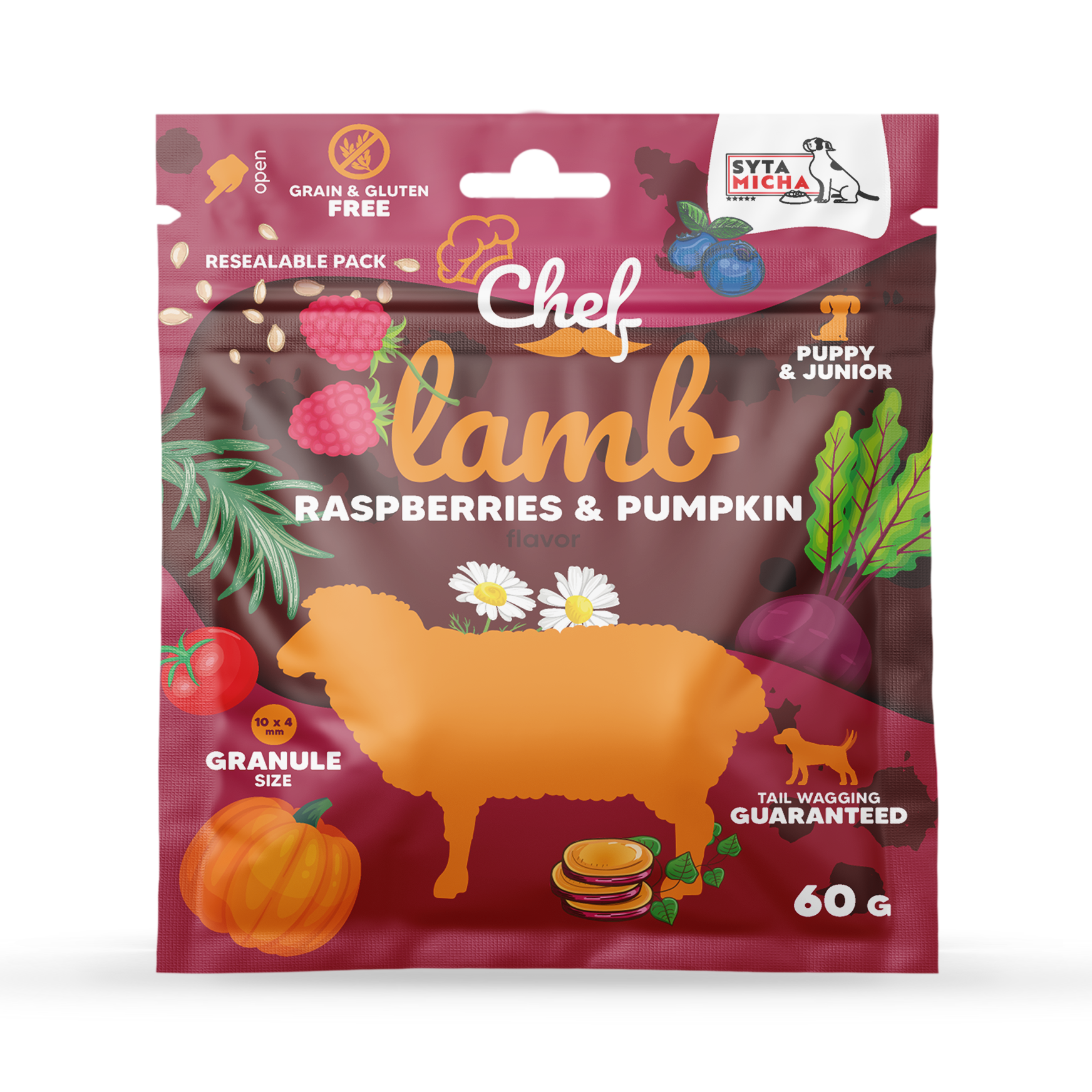 MINTA Száraz kutyatáp kölyköknek Bárányhús, málna és tök 60g