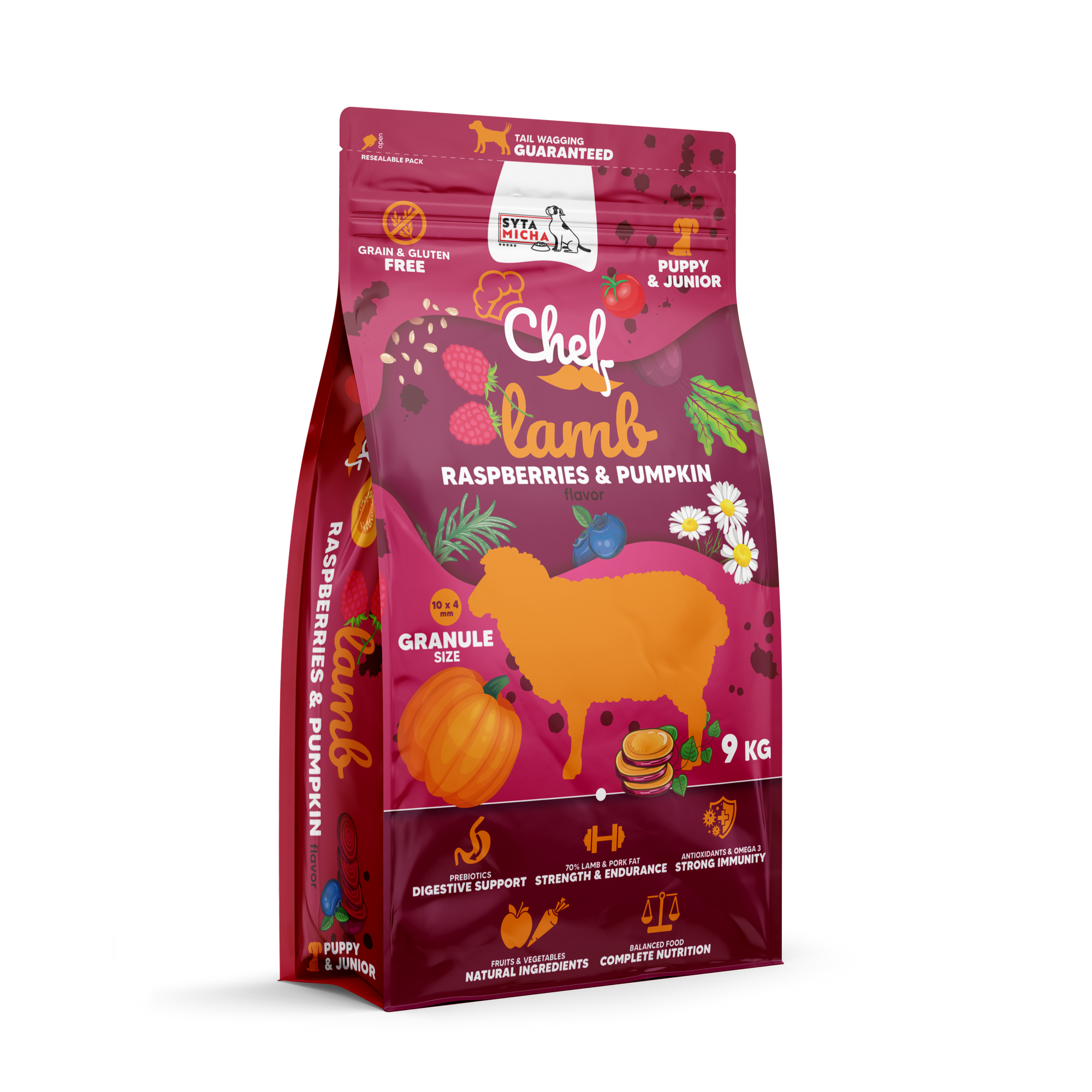 Száraz kutyatáp kölyköknek Bárányhús, málna és tök 9kg