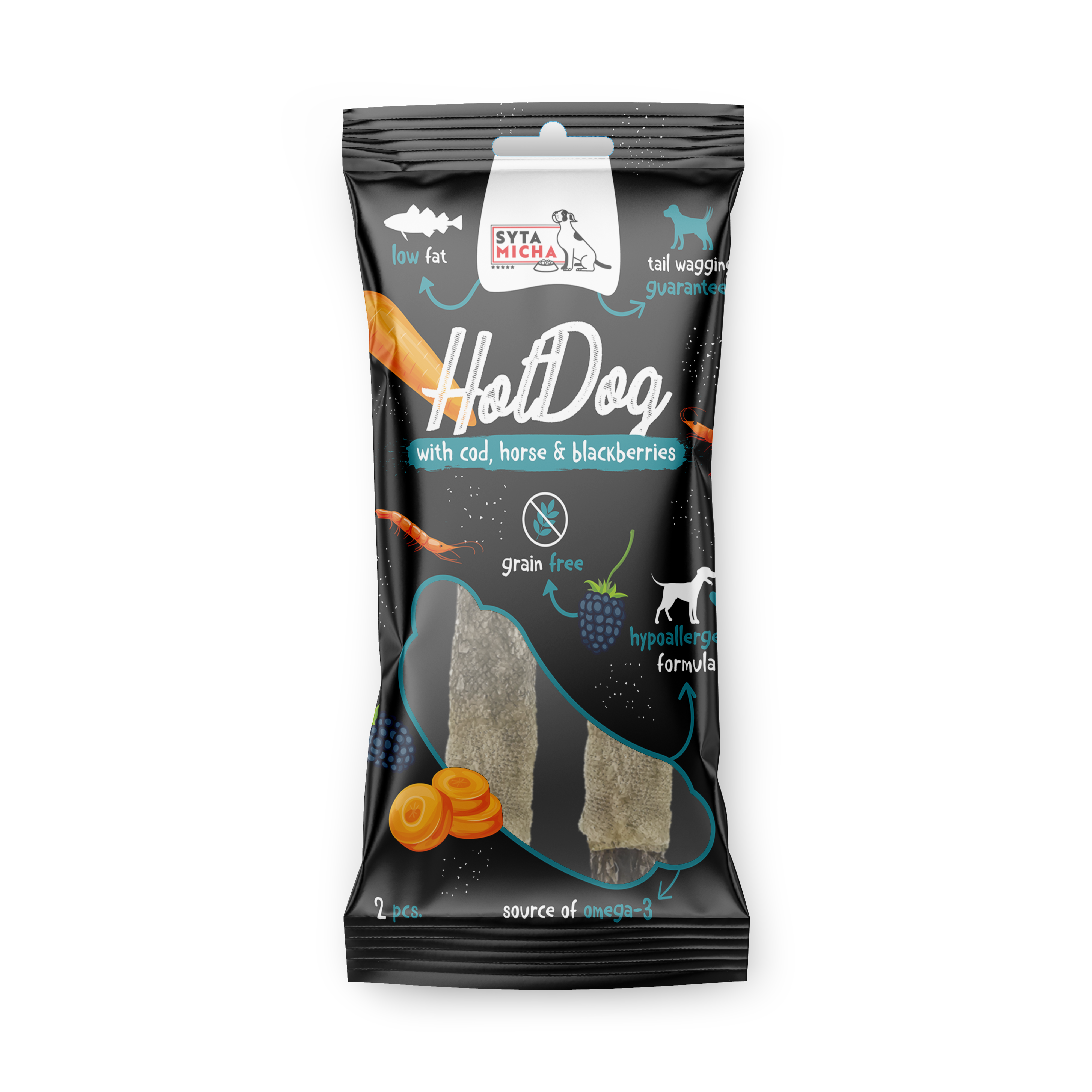 Rágcsálnivaló Hot Dog kutyának - lóhús szederrel tőkehalbőrben, 2 db.