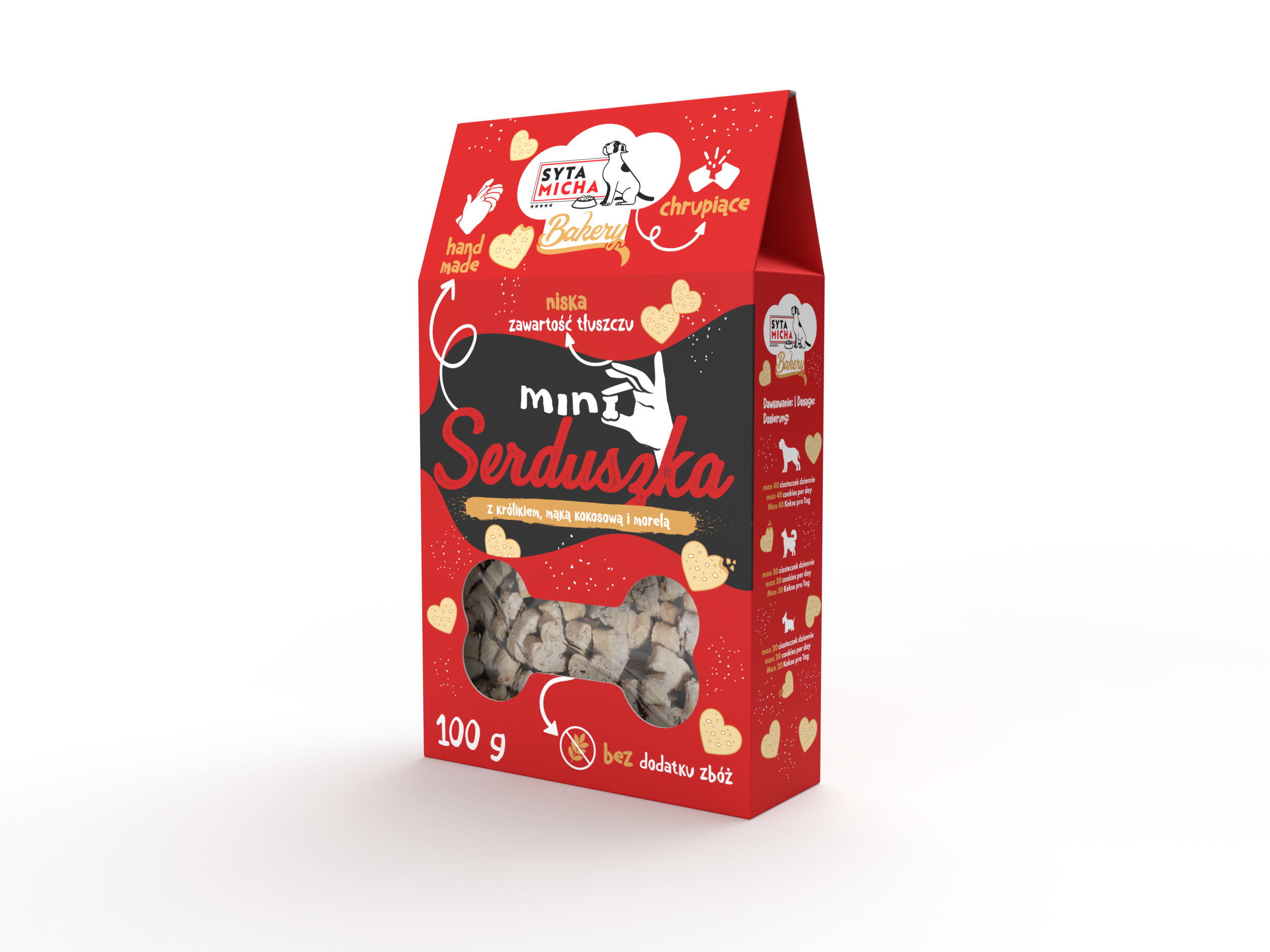 Kutyakeksz Mini szívecskék nyúllal, kókuszliszttel és sárgabarackkal 100g