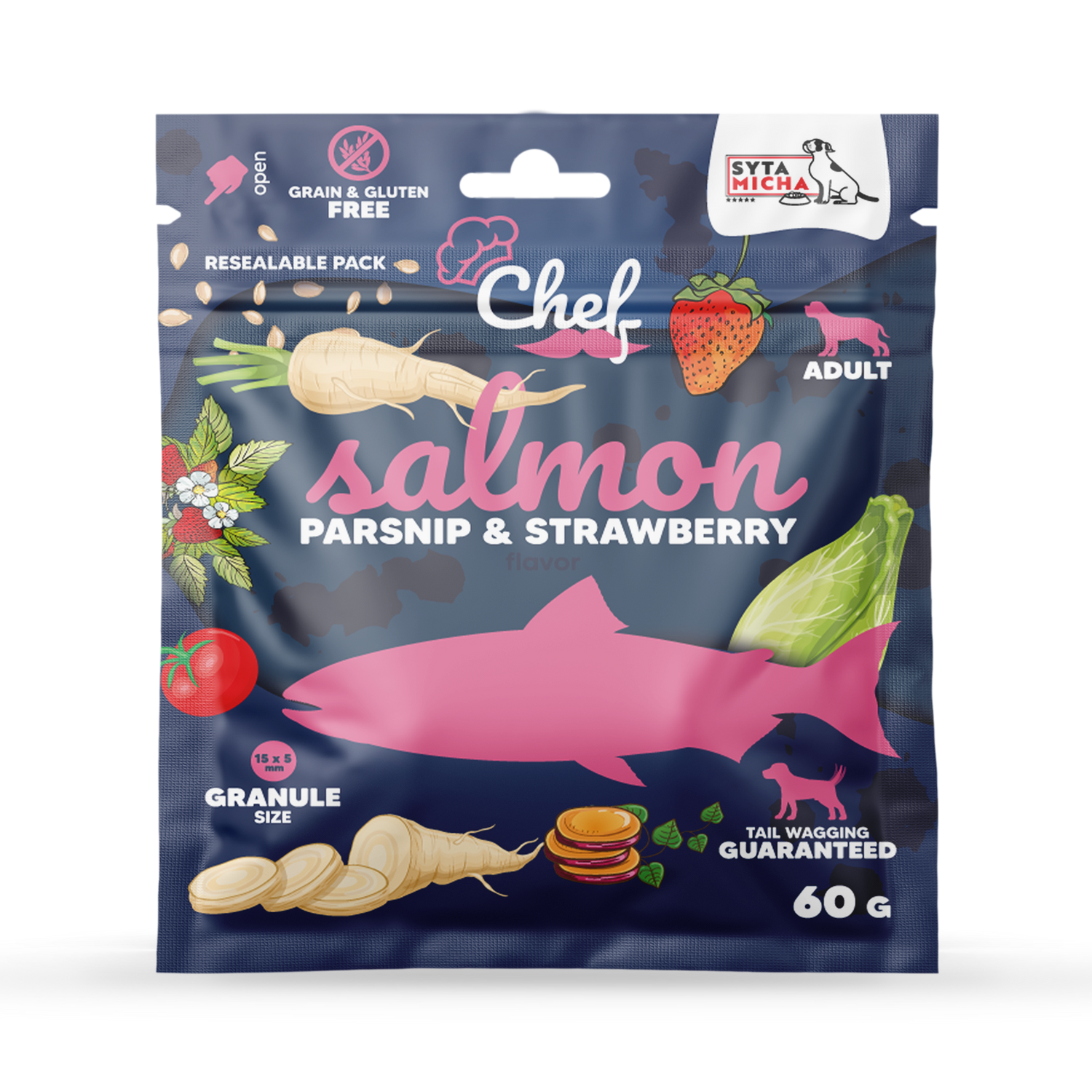 ПРОБНИК Сухий корм для собак Лосось, пастернак і полуниця 60г