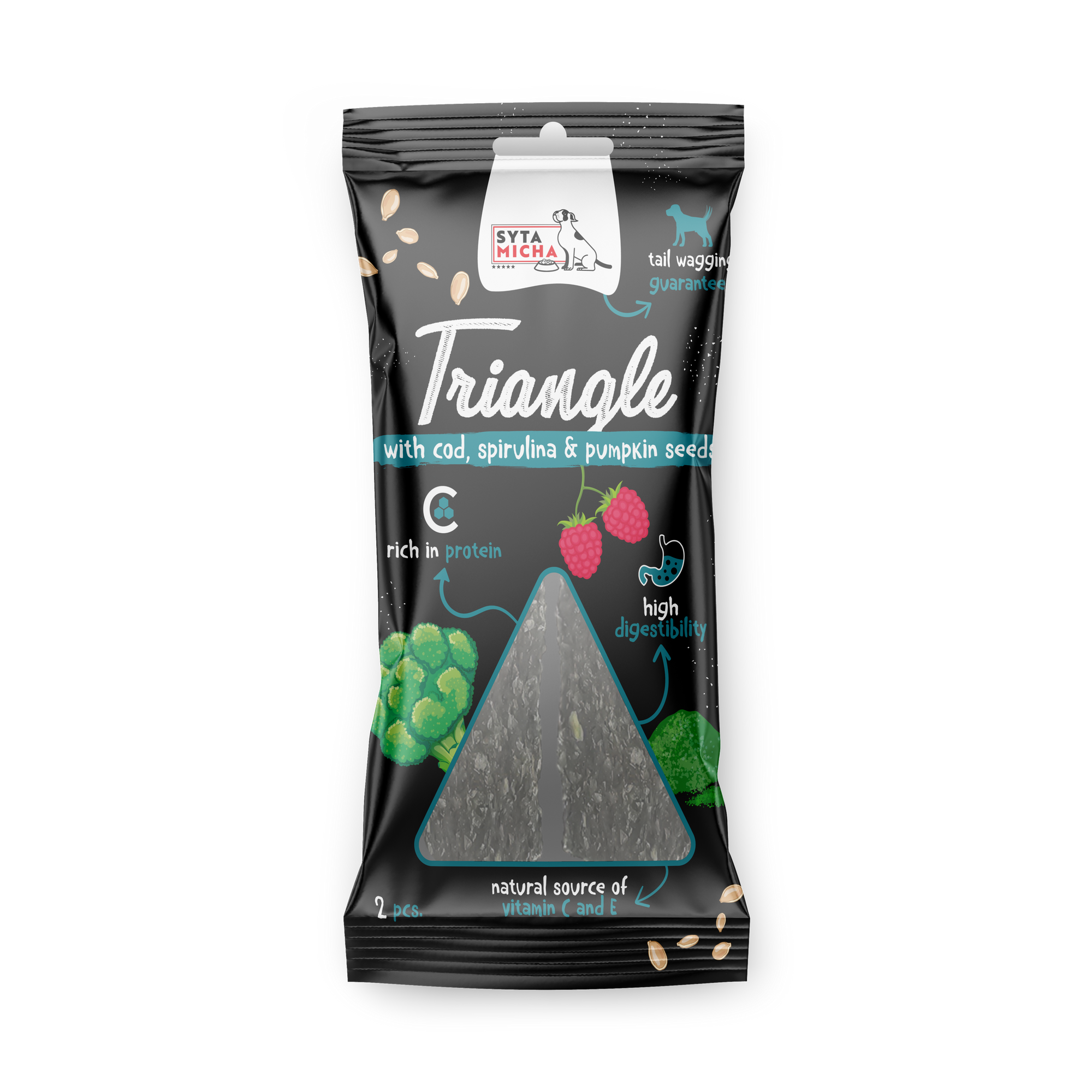 Rágó háromszög kutyáknak – tőkehal, szarvashús és spirulina, 2 db