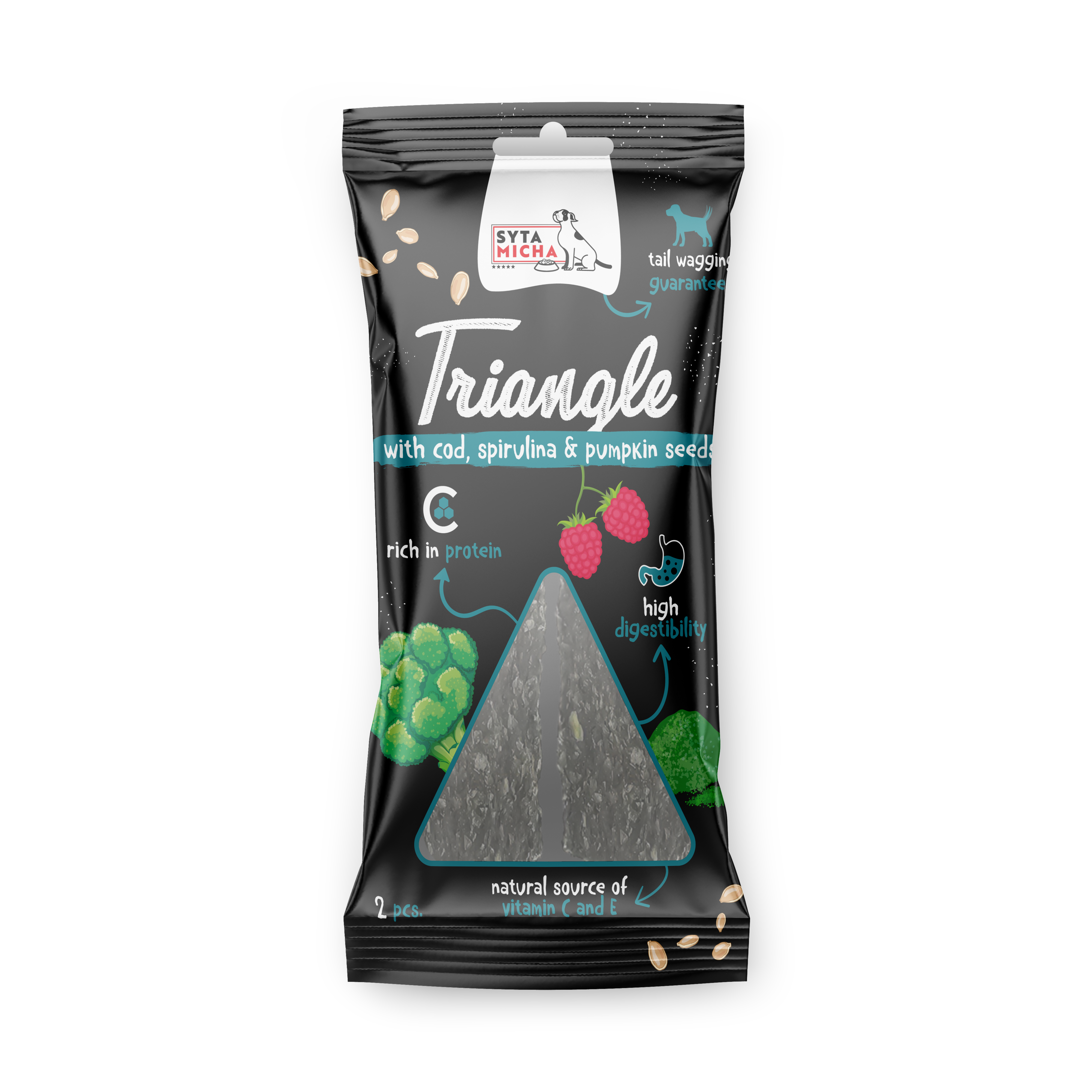 Rágó háromszög kutyáknak – tőkehal, szarvashús és spirulina, 2 db