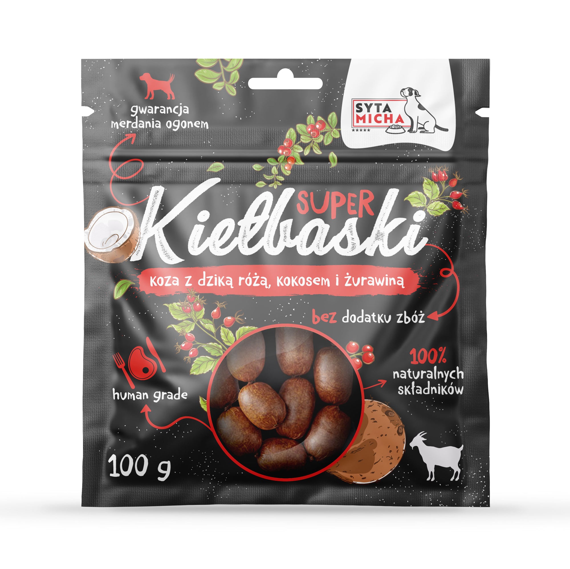 Szuper kolbász kutyáknak kecskehússal, csipkebogyóval és kókuszdióval 100g