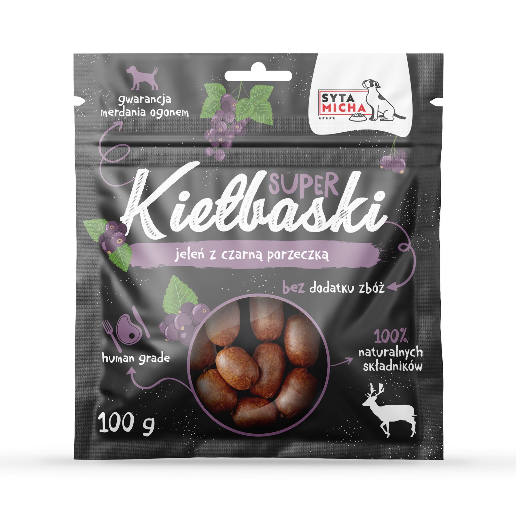 Szuper kolbász kutyáknak szarvashússal és feketeribizlivel 100g