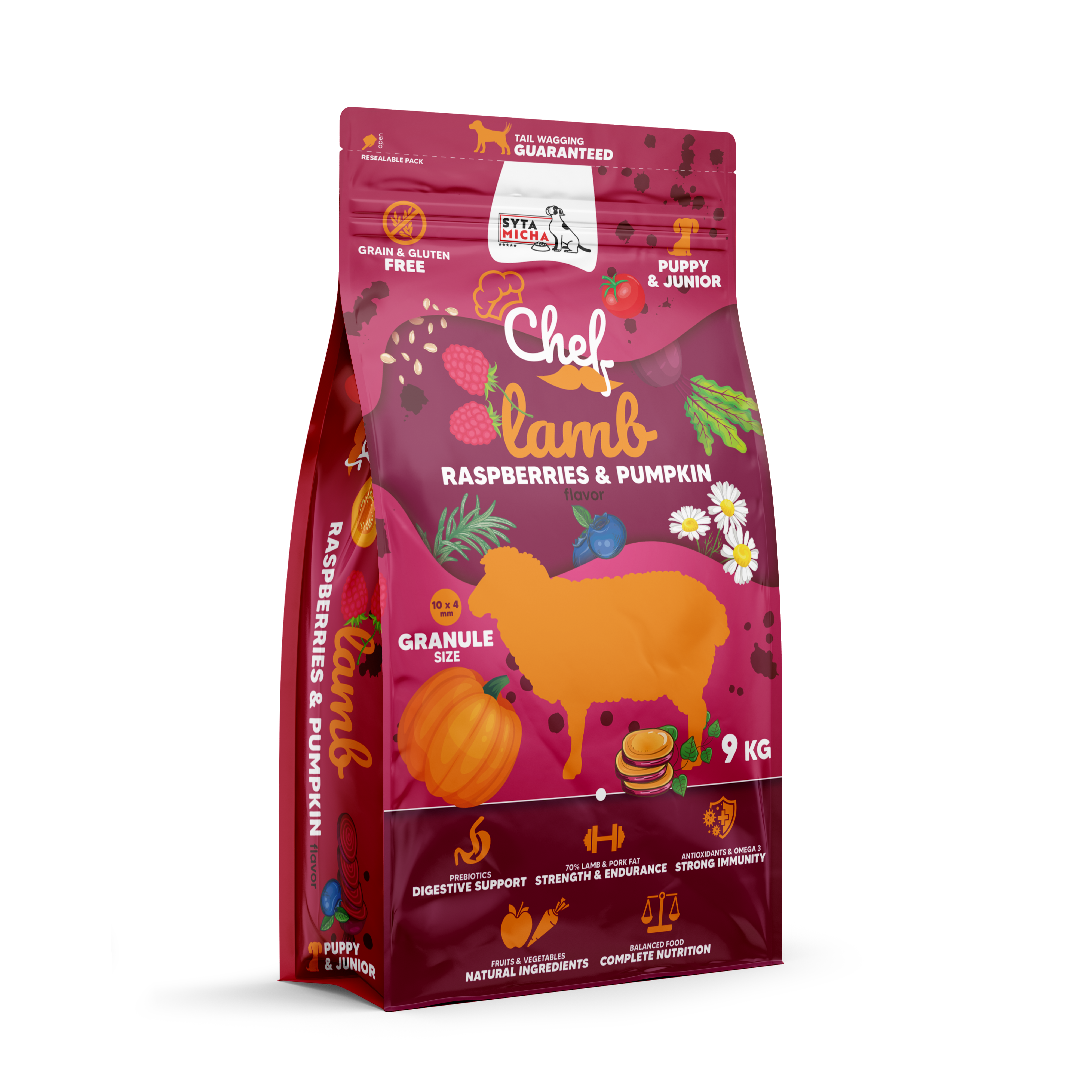 Száraz kutyatáp kölyköknek Bárányhús, málna és tök 9kg