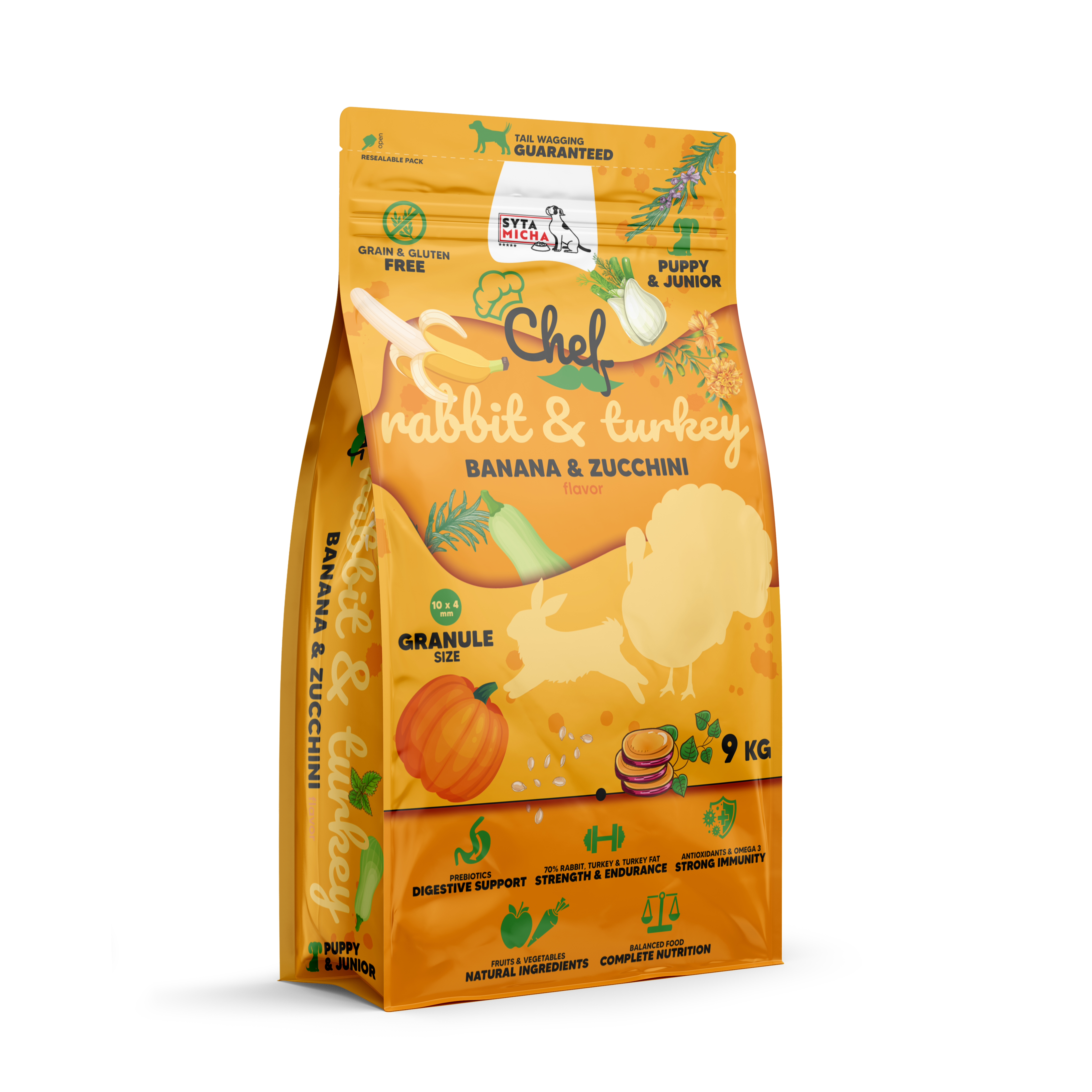 Száraz kutyatáp kölyköknek Nyúl és pulyka, banán és cukkini 9kg